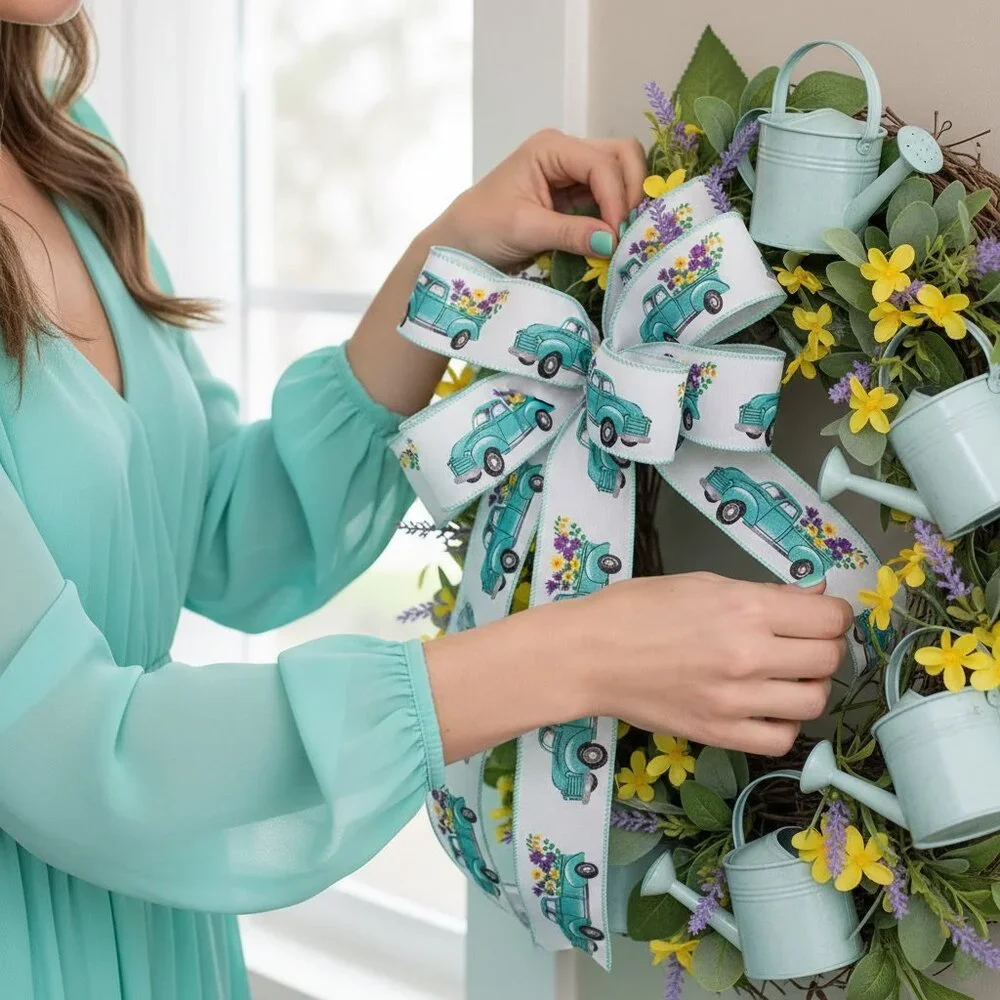 Blue Truck Floral Wired Edge Ribbon Trimming Crafts 1 1/2 inch Party Supplies